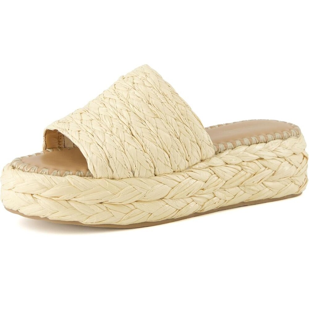 CUSHIONAIRE Core Raffia Natural Platform Sandal w/Memory Foam 6.5W 6.5 Wide NEW!